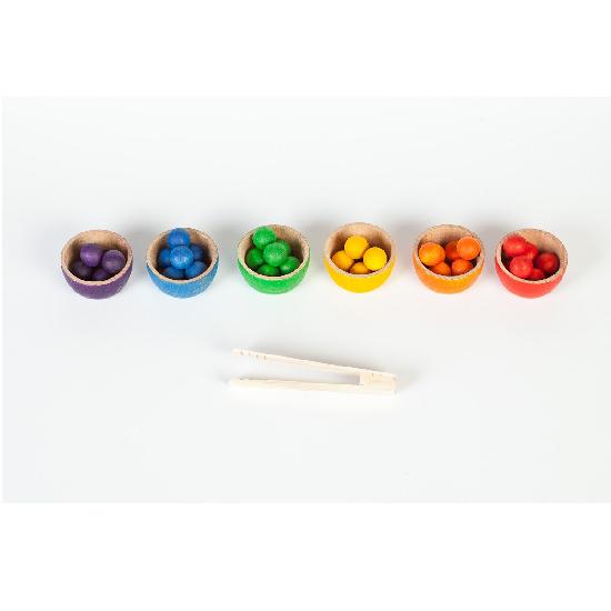 Grapat Wood Coloured Bowls and Marbles With Tongs